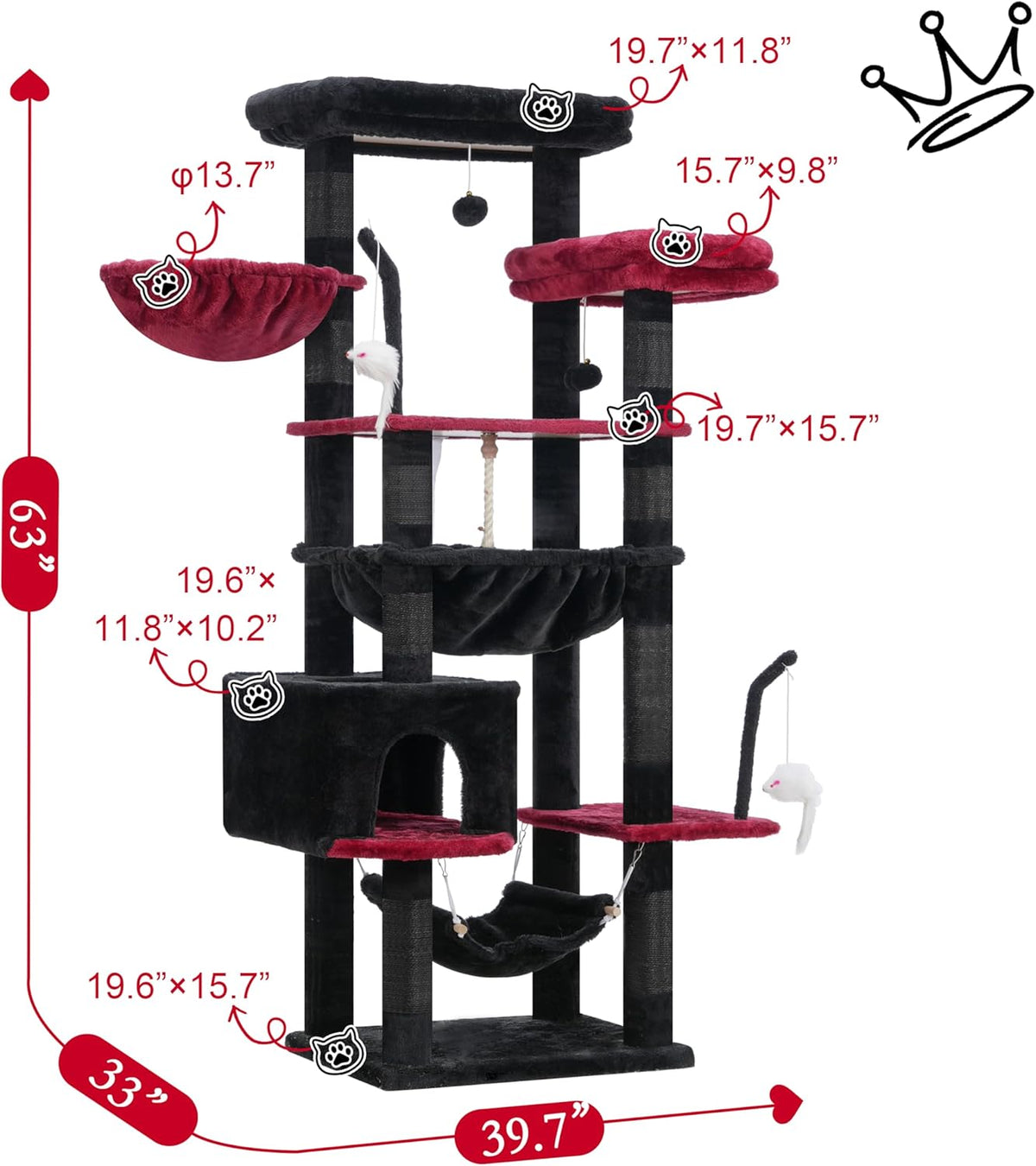 Gothic Cat Tree, Cat Tower for Large Cats with 2 Big Platforms, 2 Baskets, condo and Toys, 63" Cat