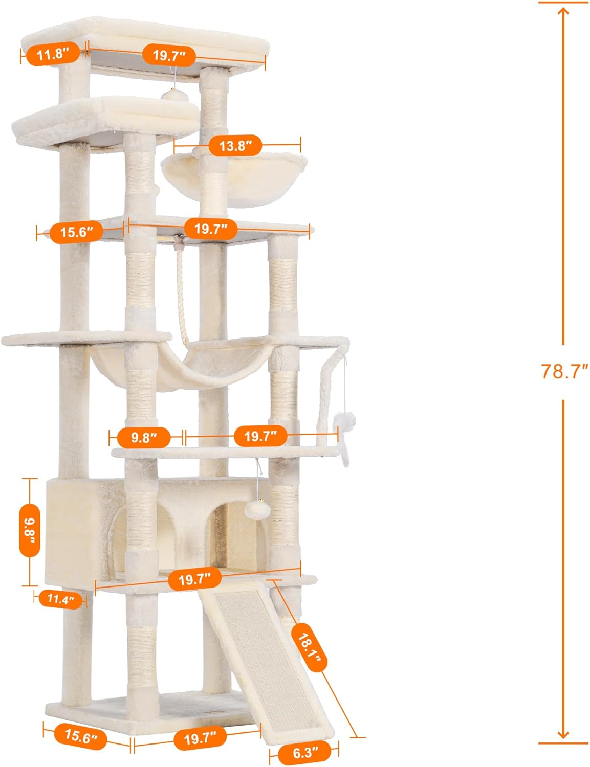 Heybly Tall Cat Tree, 78-inch Multi-Level Cat Tower for Indoor Cats, 2 Widened Plush Perches Cat