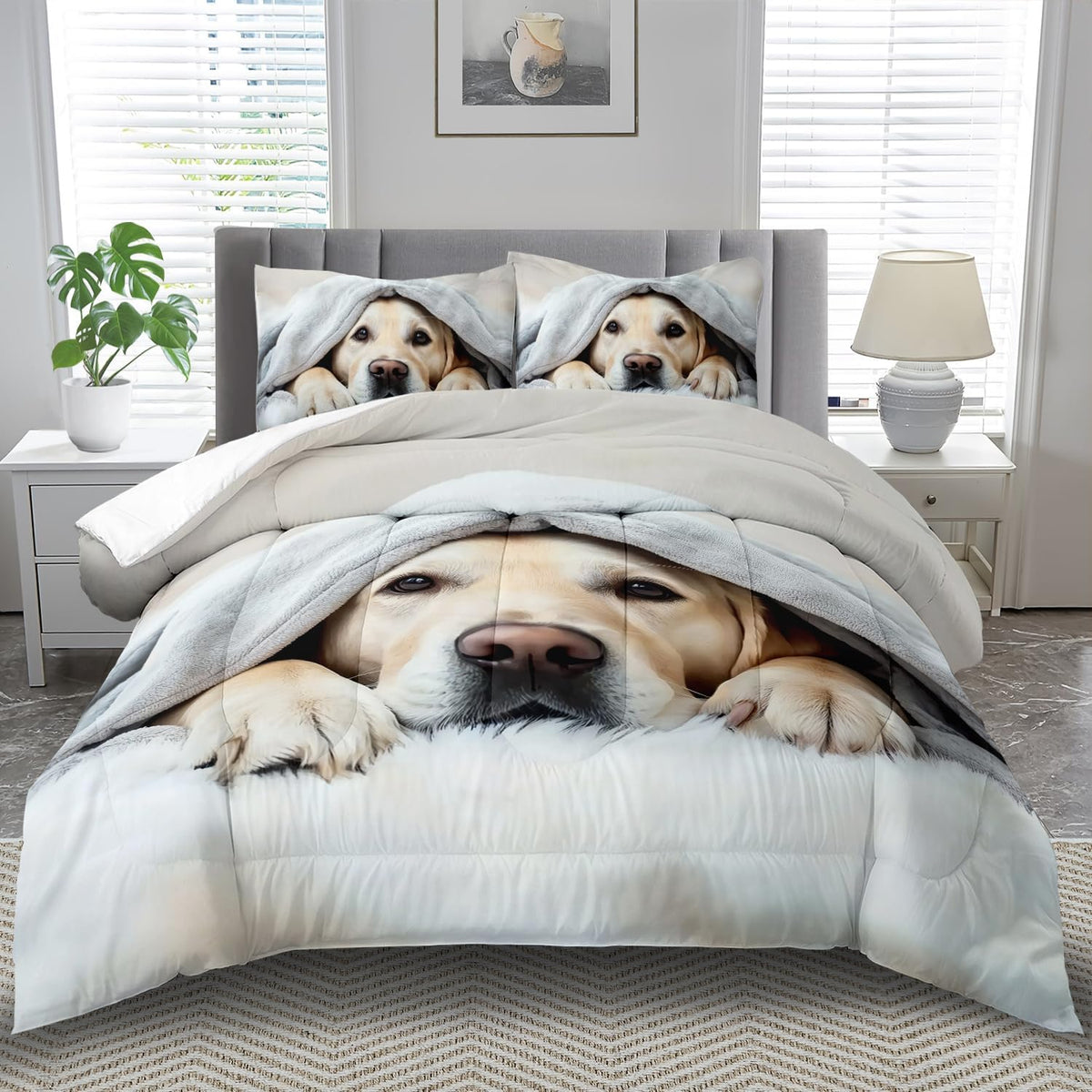 Grey Dog Comforter Set King Size Boy,Kawaii Pet Dog Animal Print Bedding Set for Girl,Cute Pet