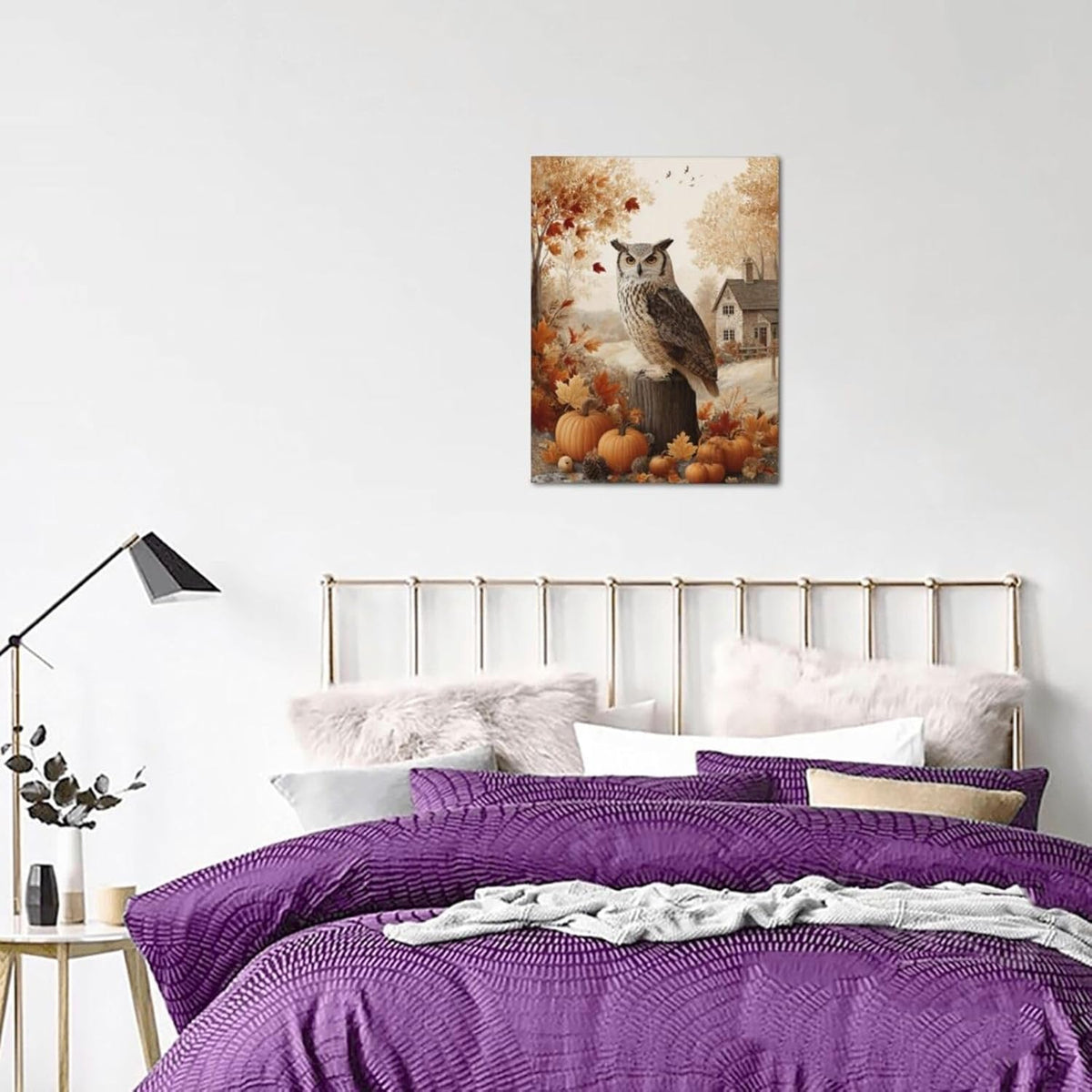Fall Owl Wall Art Autumn Pumpkin Leaves Wall Decor Rustic Canvas Print Farmhouse Pictures Painting