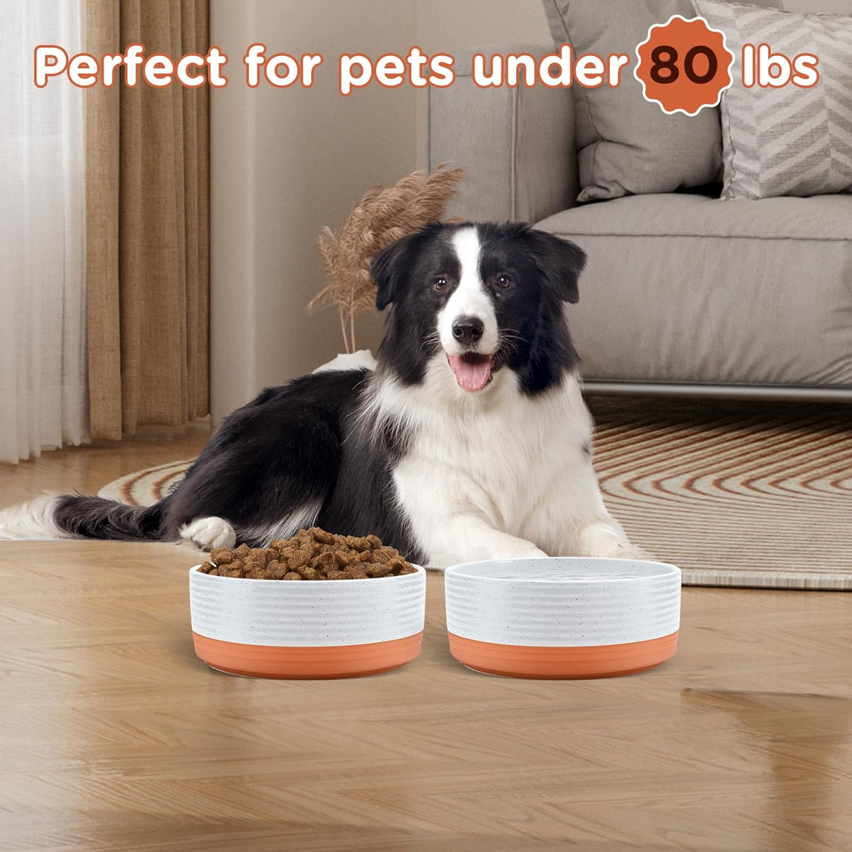 SPUNKYJUNKY Ceramic Dog Bowls 2 Pack, 7.3'' Dog Food Water Double Feeding Bowls Non-Slip for Medium