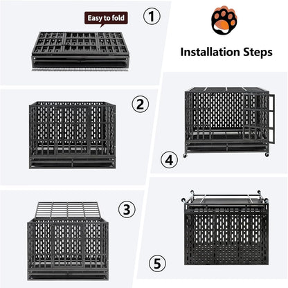 48/42 Inch Heavy Duty Indestructible Dog Crate Steel Escape Proof, Indoor Double Door High Anxiety