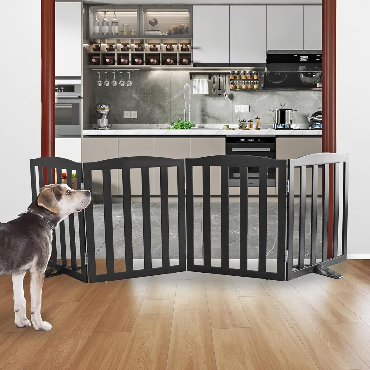 ZJSF Foldable Freestanding Indoor Dog Gate for House Wood Long Pet Gates Dog Fence for Stairs Puppy