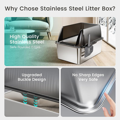 Tripamin 15” XL Stainless Steel Cat Litter Box Enclosure, XXL Stainless Steel High Sides with Lid