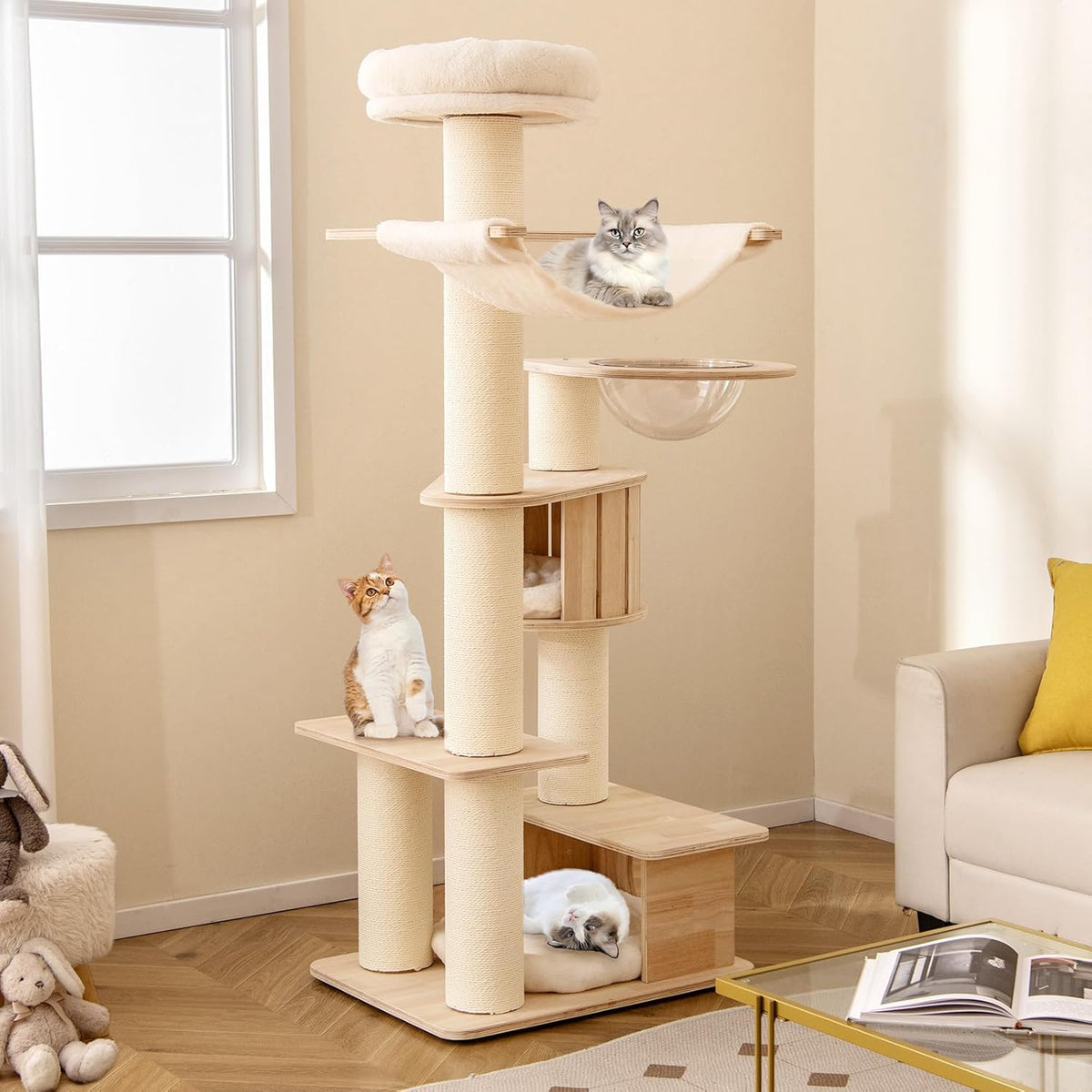 Tangkula 69” Tall Cat Tree, Multi-Layer Wood Cat Tower with Scratching Posts, Perch, Condo, Space