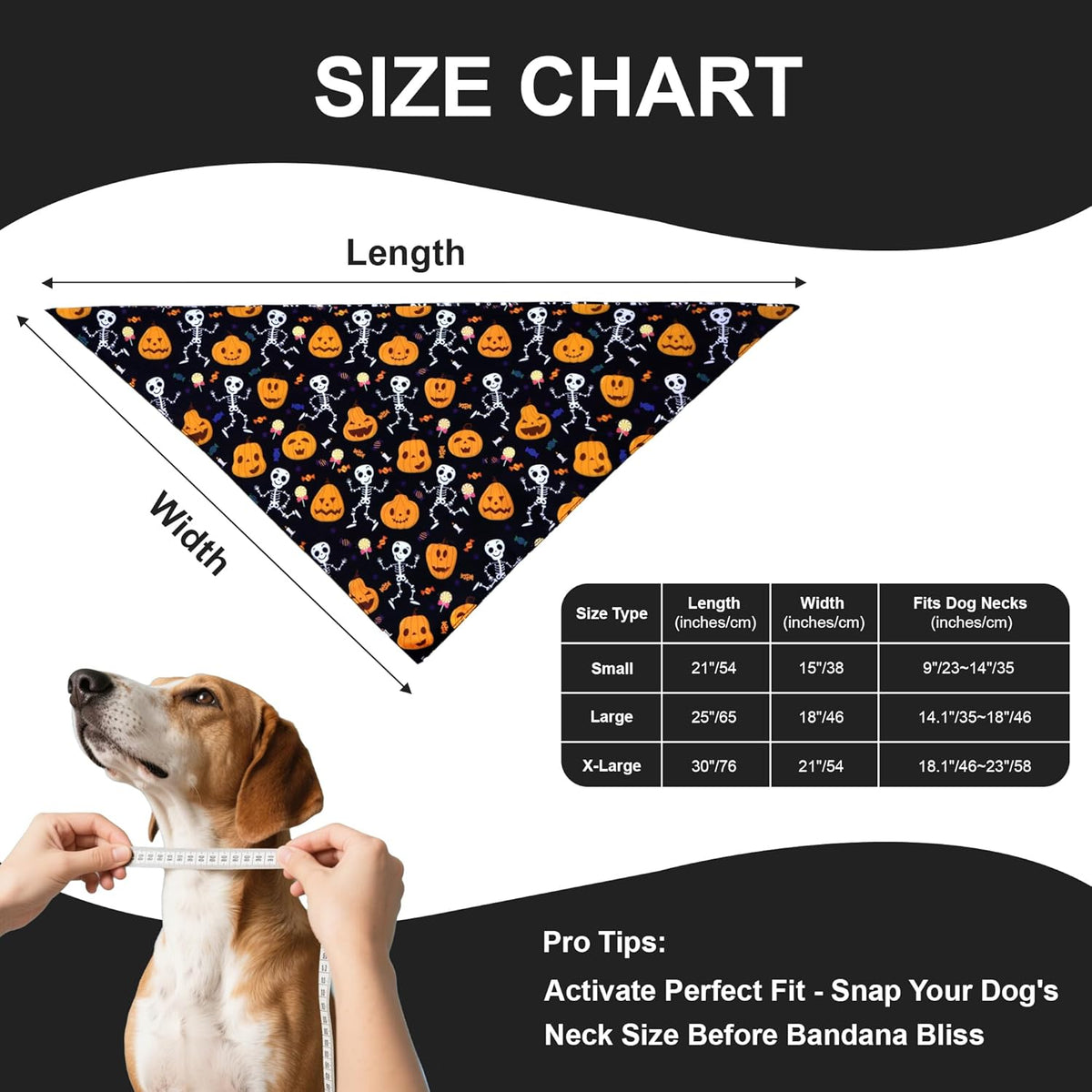 Halloween Dog Bandana for Large Dogs - Reversible Black Skull Pumpkin Print Scarf - Soft &