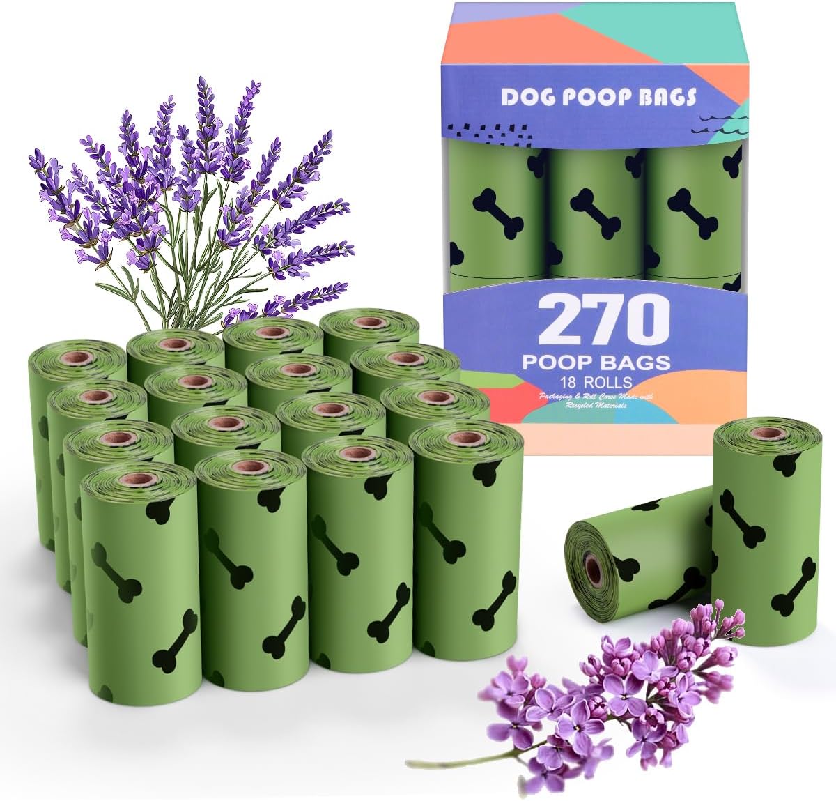 Green Dog Poo Bags Lavender scent - 270 Large Biodegradable Poop Bags, Extra Thicken Strong Corn