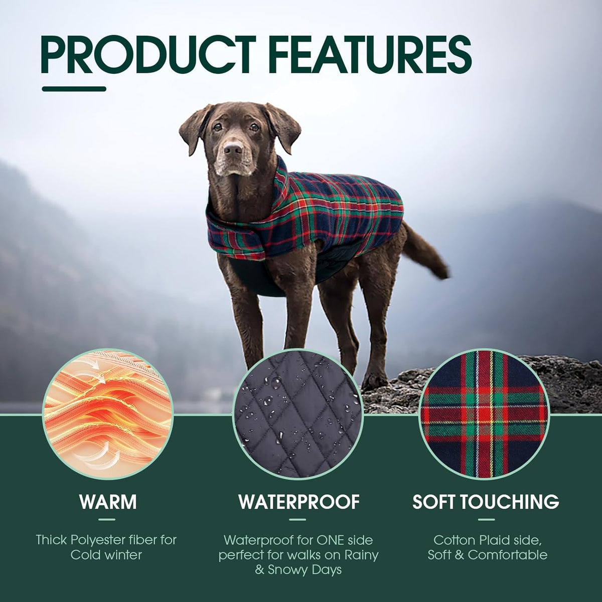 Kuoser Waterproof Dog Coat, Reversible Dog Jacket for Large Dogs, Adjustable Durable Doggie Winter
