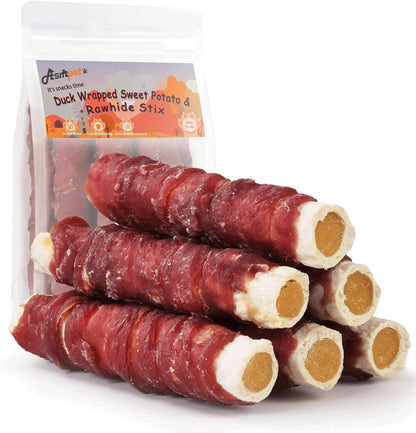 ASMPET Dog Treats Chews, Duck Wrapped Rawhide Sticks Filled with Sweet Potato for Small Medium