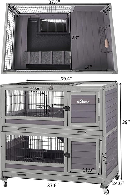 Rabbit Hutch Indoor Outdoor Bunny Hutch Pull Out Tray Guinea Pig Cage with Bottom Wire-Netting, On