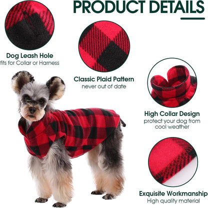Kuoser Dog Fleece Vest,Warm Plaid Dog Sweater with Leash Hole,Soft Turtleneck Winter Pet Jacket