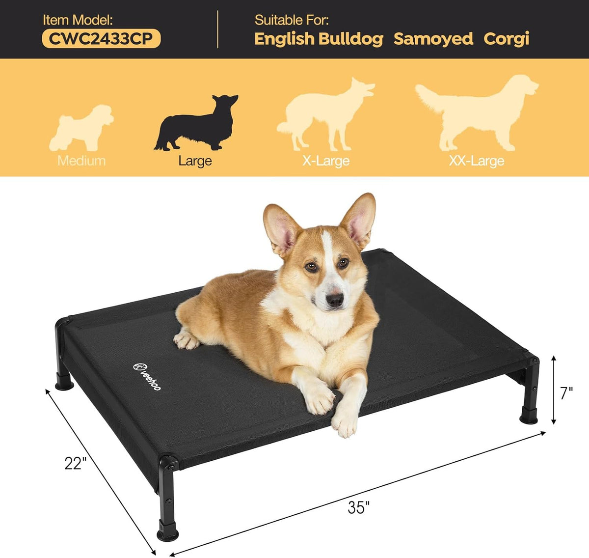Veehoo Cooling Outdoor Dog Bed, Heavy Duty Elevated Pet Bed with Washable & Breathable Teslin Mesh