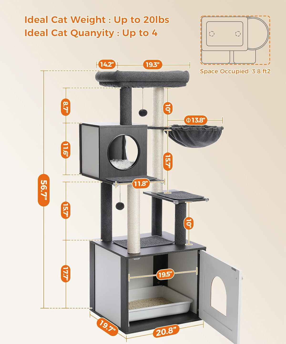Tall Cat Tree with Litter Box Enclosure 56.7" Wooden Cat Tower for Large Cats with Cat Hammock