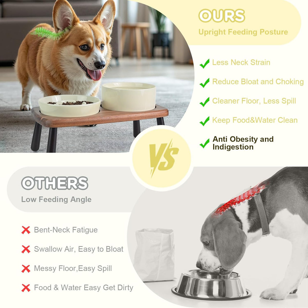 SPUNKYJUNKY Ceramic Elevated Dog Bowls with Slow Feeder Raised with Acacia Bamboo Wooden Stand