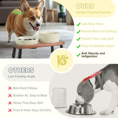 SPUNKYJUNKY Ceramic Elevated Dog Bowls with Slow Feeder Raised with Acacia Bamboo Wooden Stand