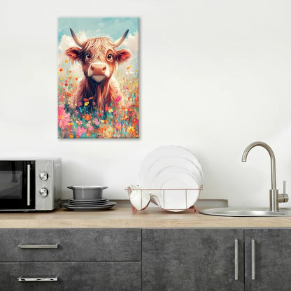 Highland Cow Wall Art Canvas Flower Cattle Wall Decor Prints Framed Painting Animal Pictures Gifts