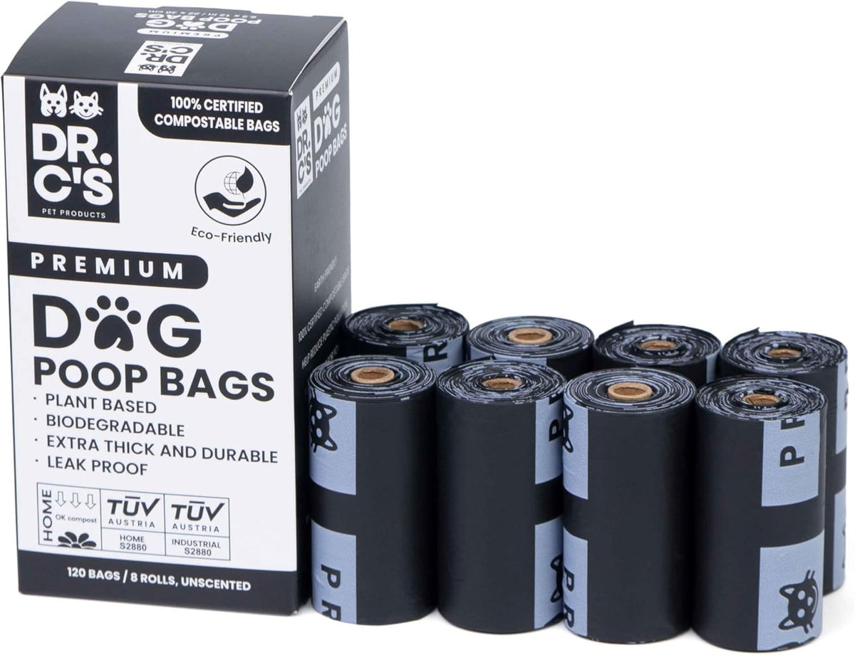 100% Certified Compostable Dog Poop Bags - Dr. C's Premium Dog Poop Bags - 120 Bags / 8 Rolls