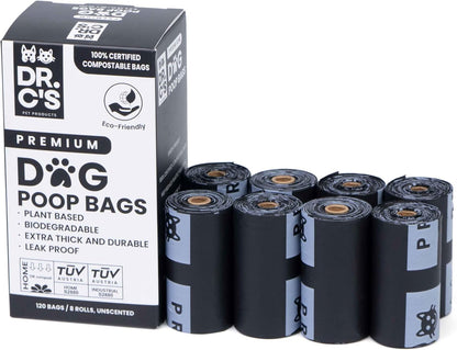 100% Certified Compostable Dog Poop Bags - Dr. C's Premium Dog Poop Bags - 120 Bags / 8 Rolls