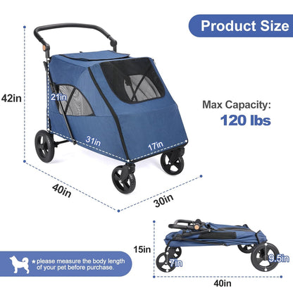 Large Dog Travel Stroller with 4 Heavy Duty Wheels Pet Stroller with Adjustable Handle - Double