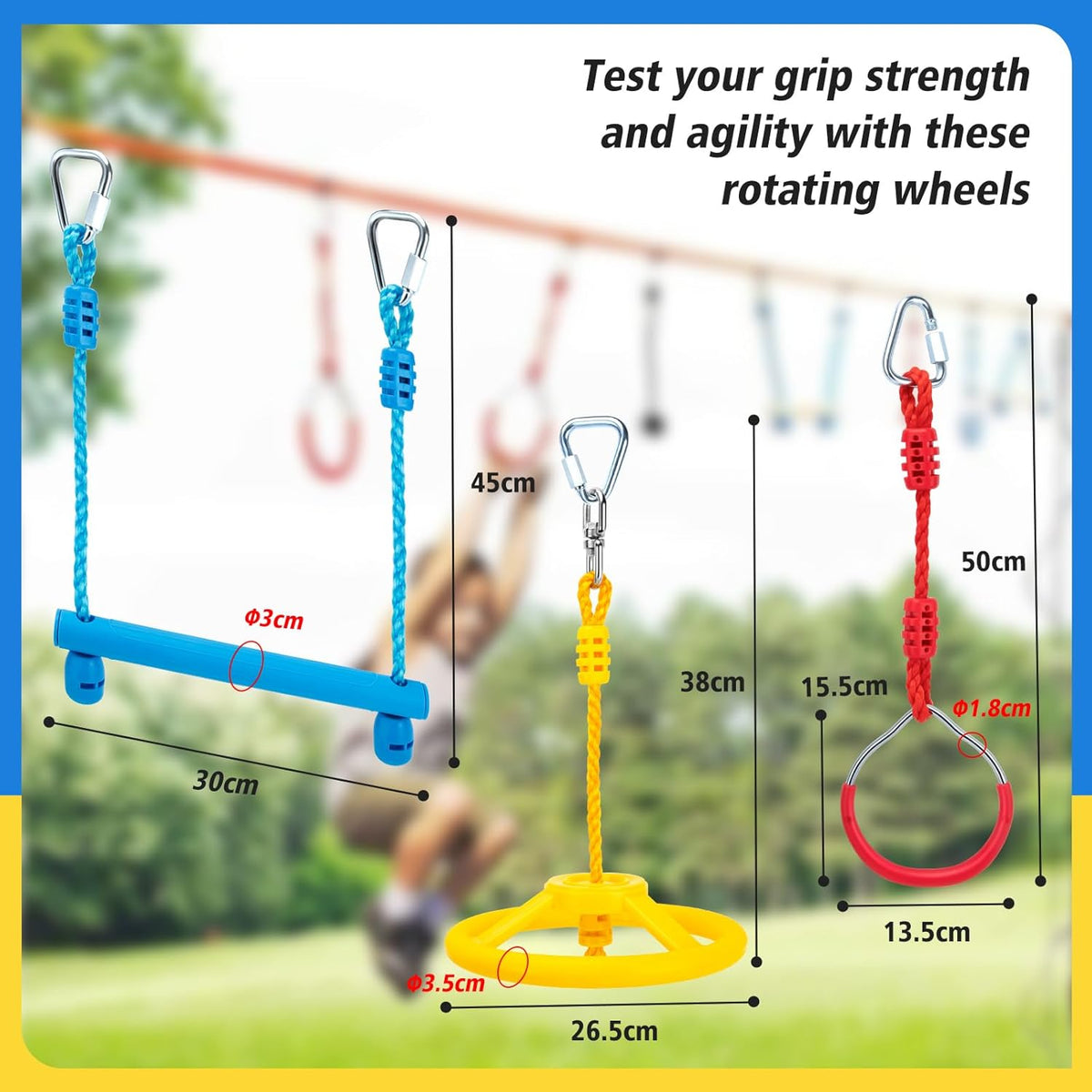 Ninja Obstacle Course Attachments - 7 Course Rings, 2 Monkey Bars, 2 Warrior Wheels, Outdoor