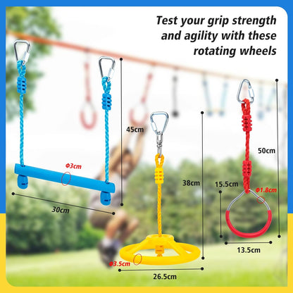 Ninja Obstacle Course Attachments - 7 Course Rings, 2 Monkey Bars, 2 Warrior Wheels, Outdoor