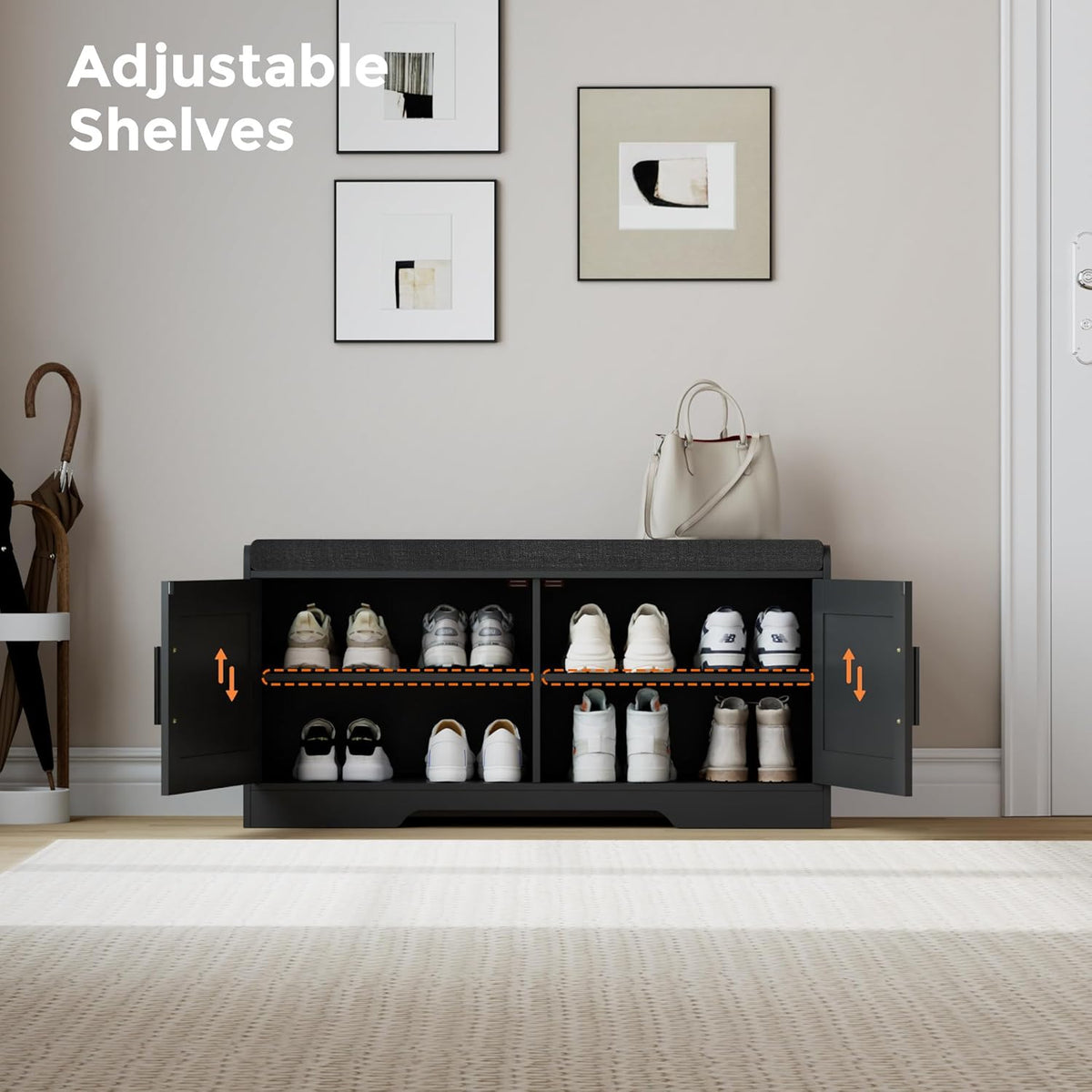 2-Tier Storage Bench, Shoe Bench with Thickened Padded Seat Cushion, Entryway Bench with 2 Doors