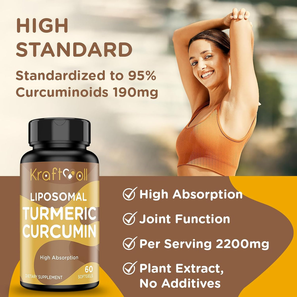 Liposomal Turmeric Curcumin 2200 mg with Black Pepper for Enhanced Absorption and Joint Support, 60