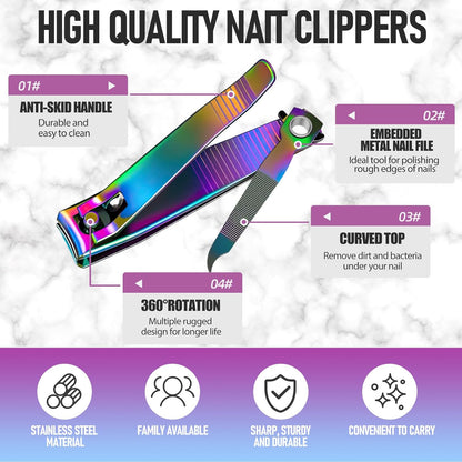 2PCS Stainless Steel Nail Clippers,Rainbow Fingernail Clipper and Toenail Clipper, Wide Easy Press