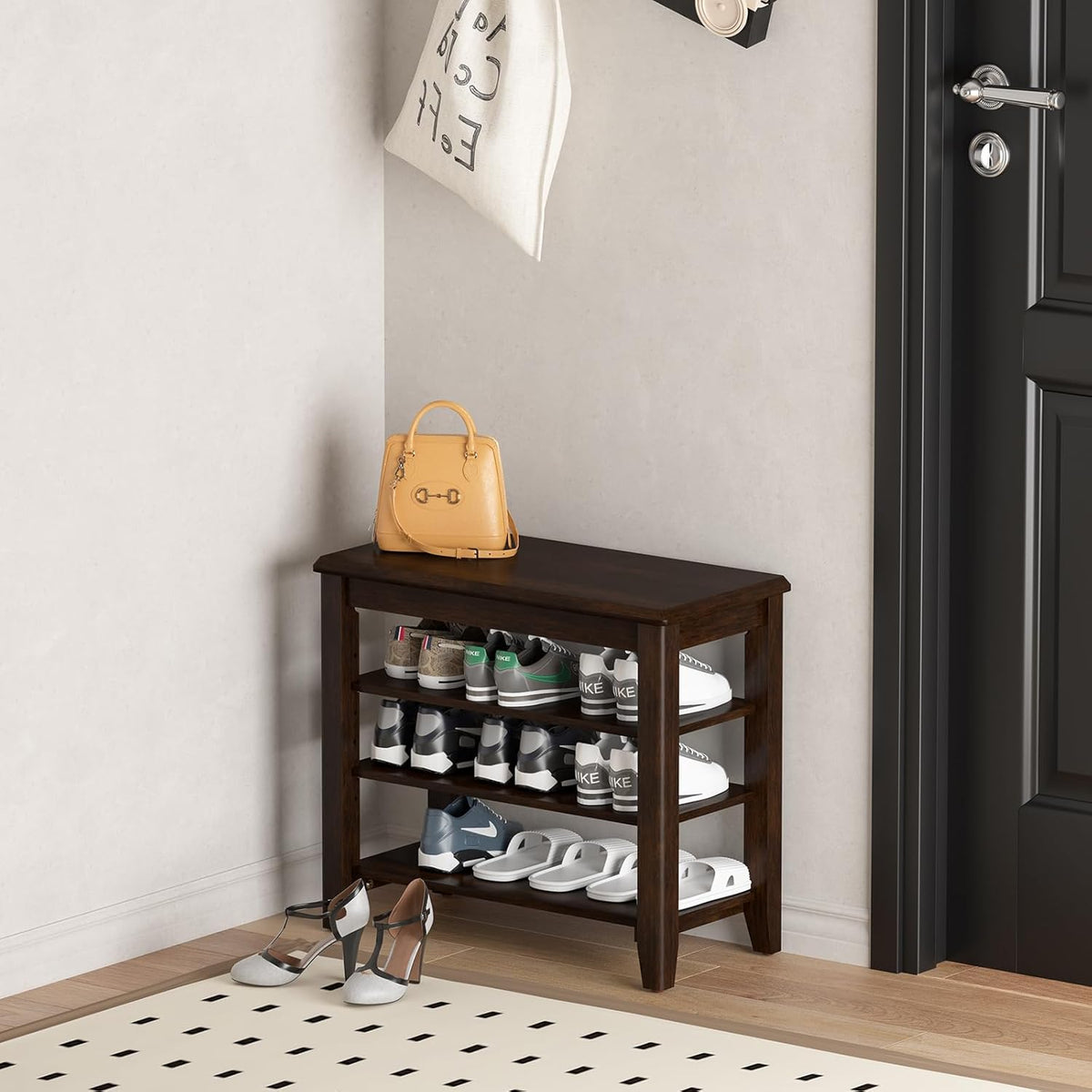 Shoe Bench Storage Rubberwood, Entryway Bench with 3-Tiers Height Adjustable, Shoe Rack Front Door