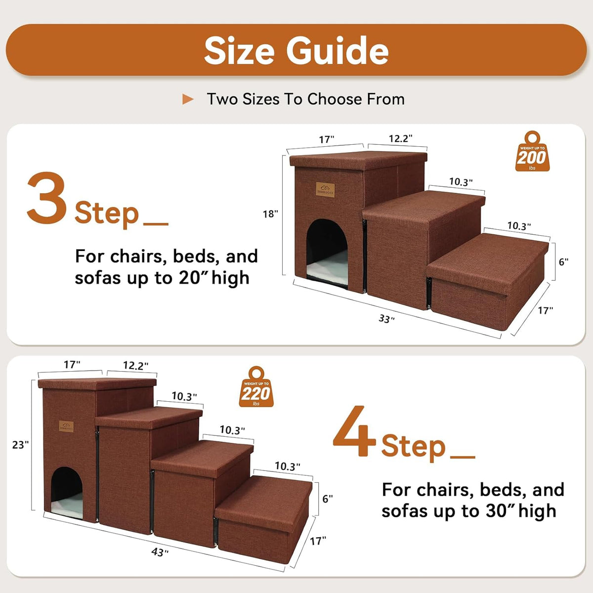 Dog Stairs with Condo 23" H, 4-Step Wider Dog Steps for High Beds Window, Folding Storage Pet