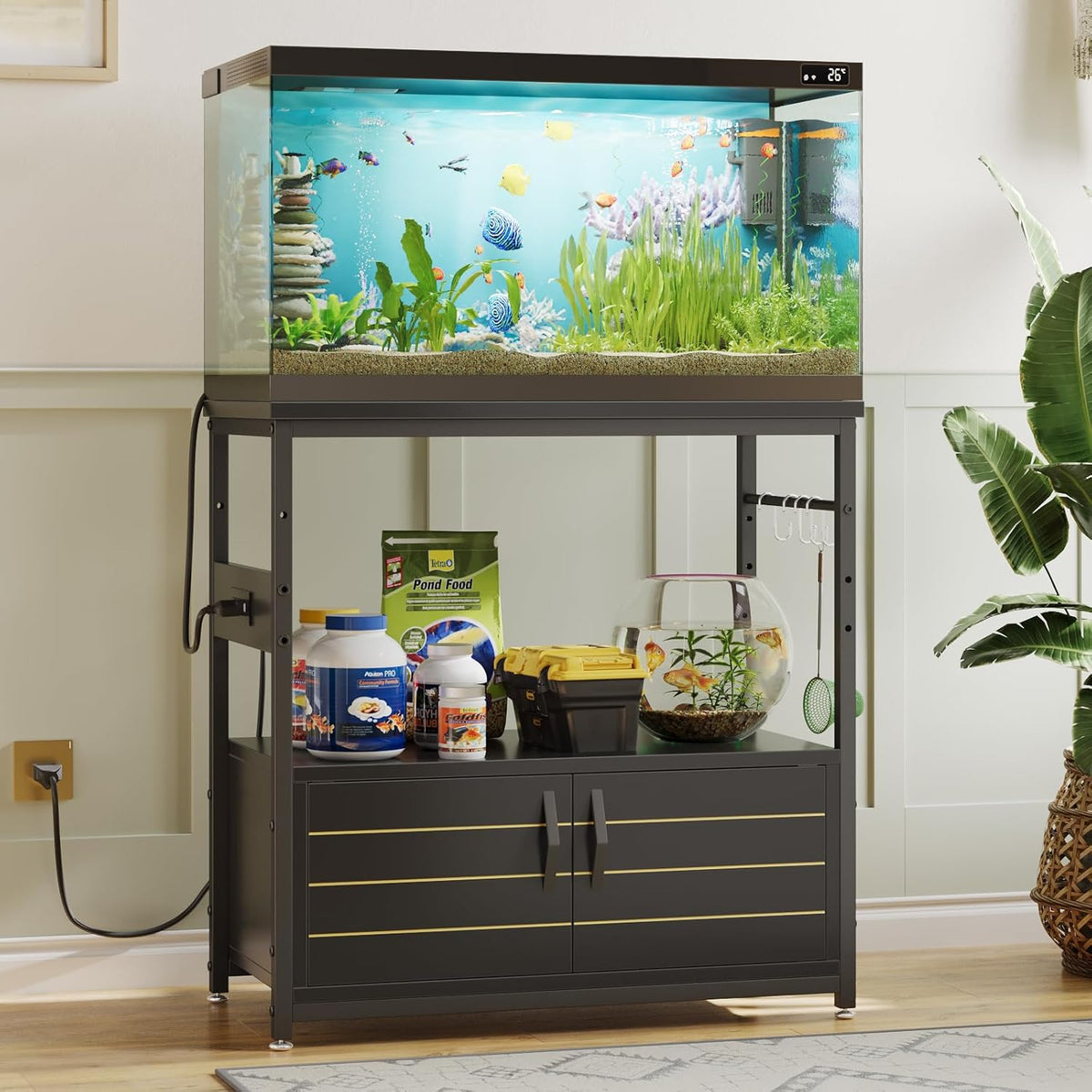 Bestier 20-29 Gallon Fish Tank Stand with Power Outlets, Metal Long Aquarium Stand with Storage
