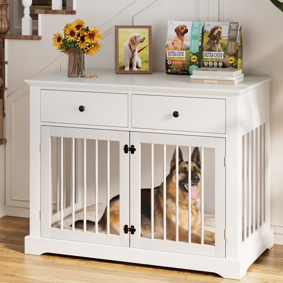 PUKAMI 44inch Dog Crate Furniture with Drawers,Wooden Dog Kennel Furniture for Large Breed,White