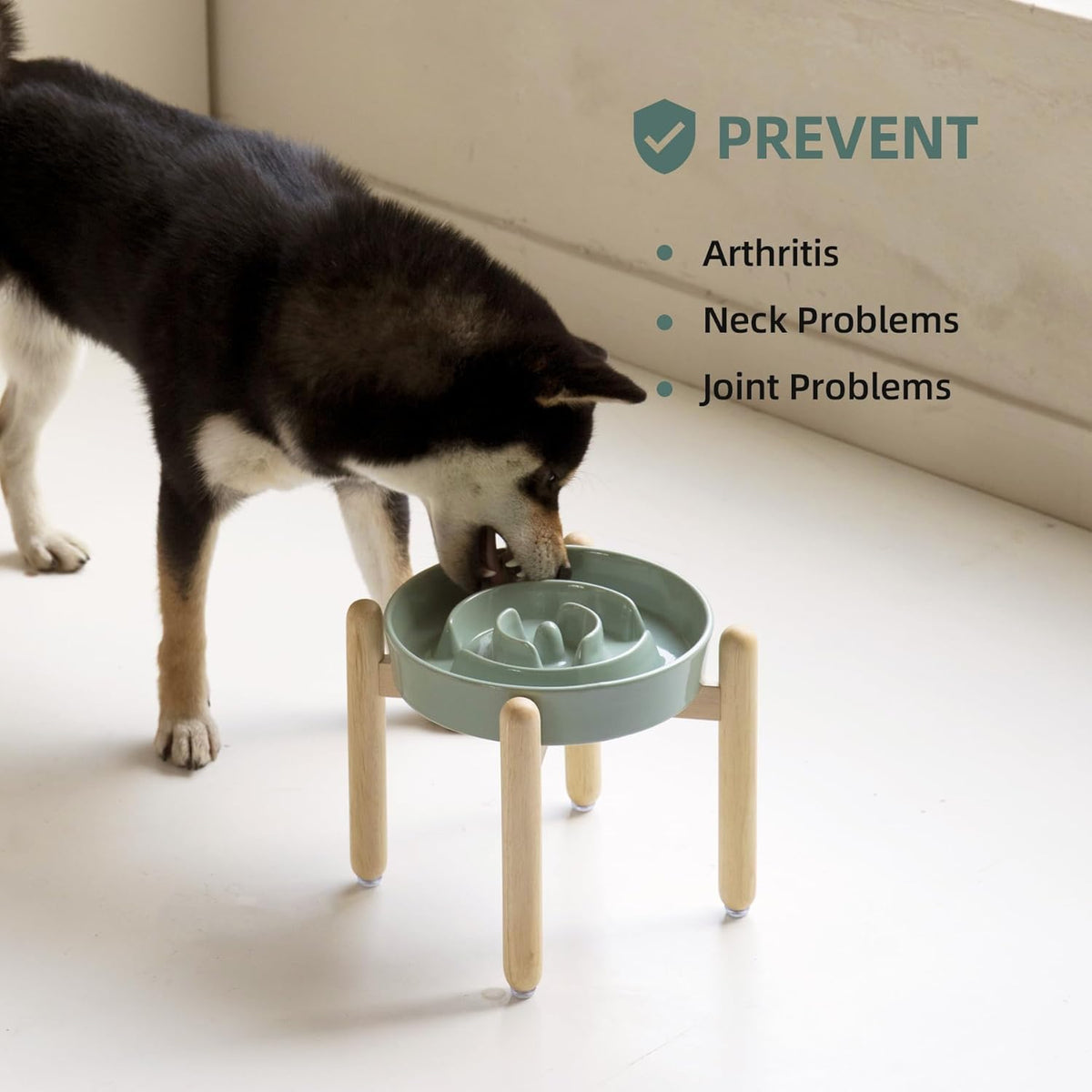 8.2inch Ceramic Raised Slow Feeder Dog Bowl Set, Elevated Wooden Stand for Large and Medium Dog