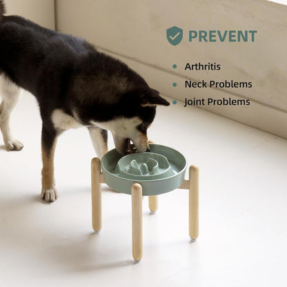 8.2inch Ceramic Raised Slow Feeder Dog Bowl Set, Elevated Wooden Stand for Large and Medium Dog