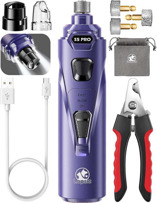 Dog Nail Grinder with 2 LED Lights Powerful 2 Speeds Super Quiet Dog Nail Trimmers with 3 Grinding