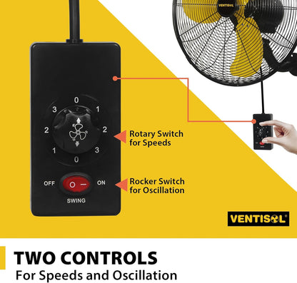 VENTISOL 20 Inch Wall Mount Fan Oscillating, High Velocity Industrial Wall Fan for Indoor