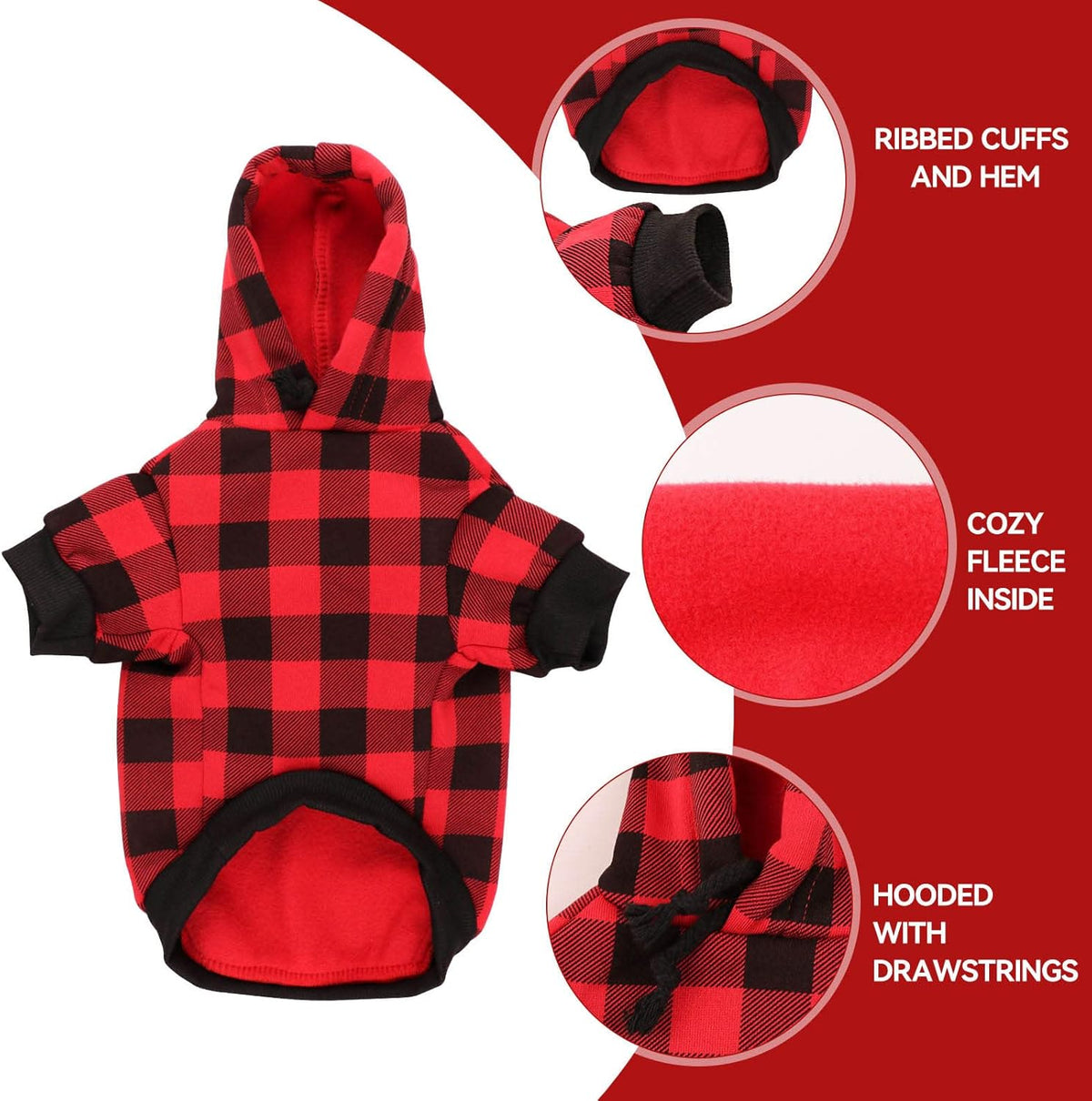 Dog Hoodie Sweater Red Buffalo Plaid Pet Clothes Warm and Soft Breathable Cozy Pet Hoodies for