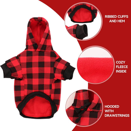 Dog Hoodie Sweater Red Buffalo Plaid Pet Clothes Warm and Soft Breathable Cozy Pet Hoodies for