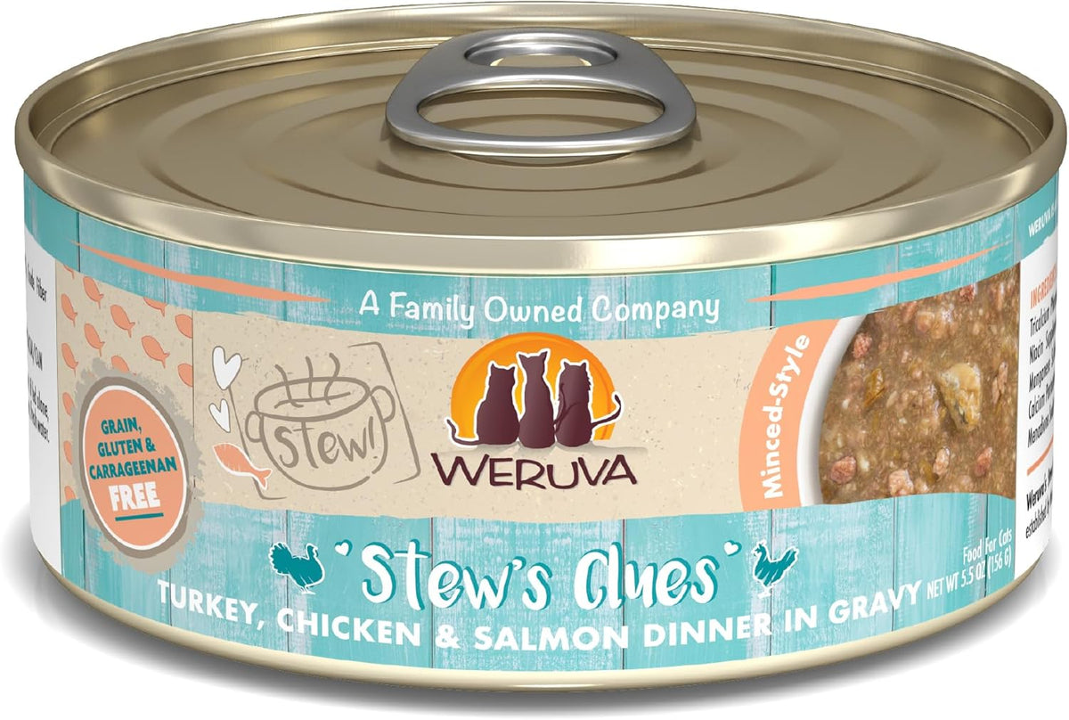 Weruva Classic Cat Stews!, Stew's Clues with Turkey, Chicken & Salmon in Gravy, 5.5oz Can (Pack of