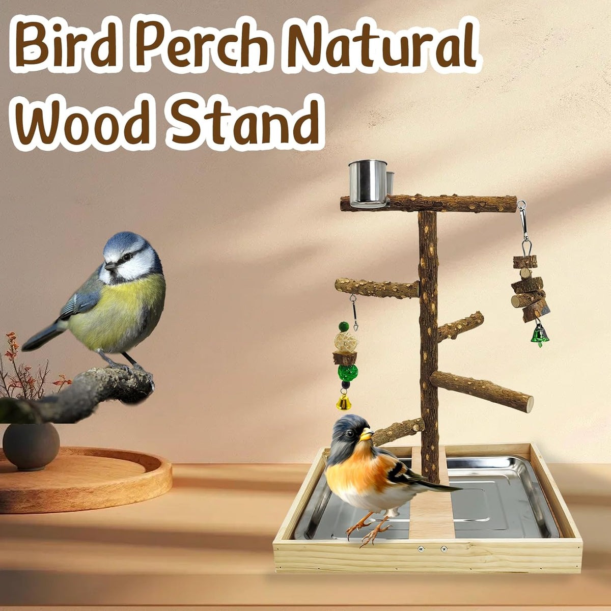 Tfwadmx Bird Perch Natural Wood Stand Toy Parrot Play Stand Platform Bird Cage with Removable Tray