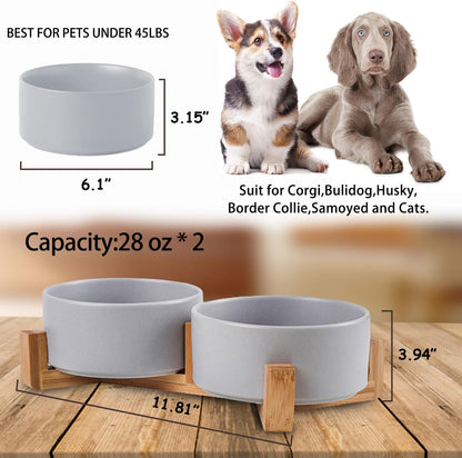 Petygooing Dog Bowls,Grey Ceramic Cat Dog Bowl Set with Wood Stand for Food and Water,Non-Slip Cute