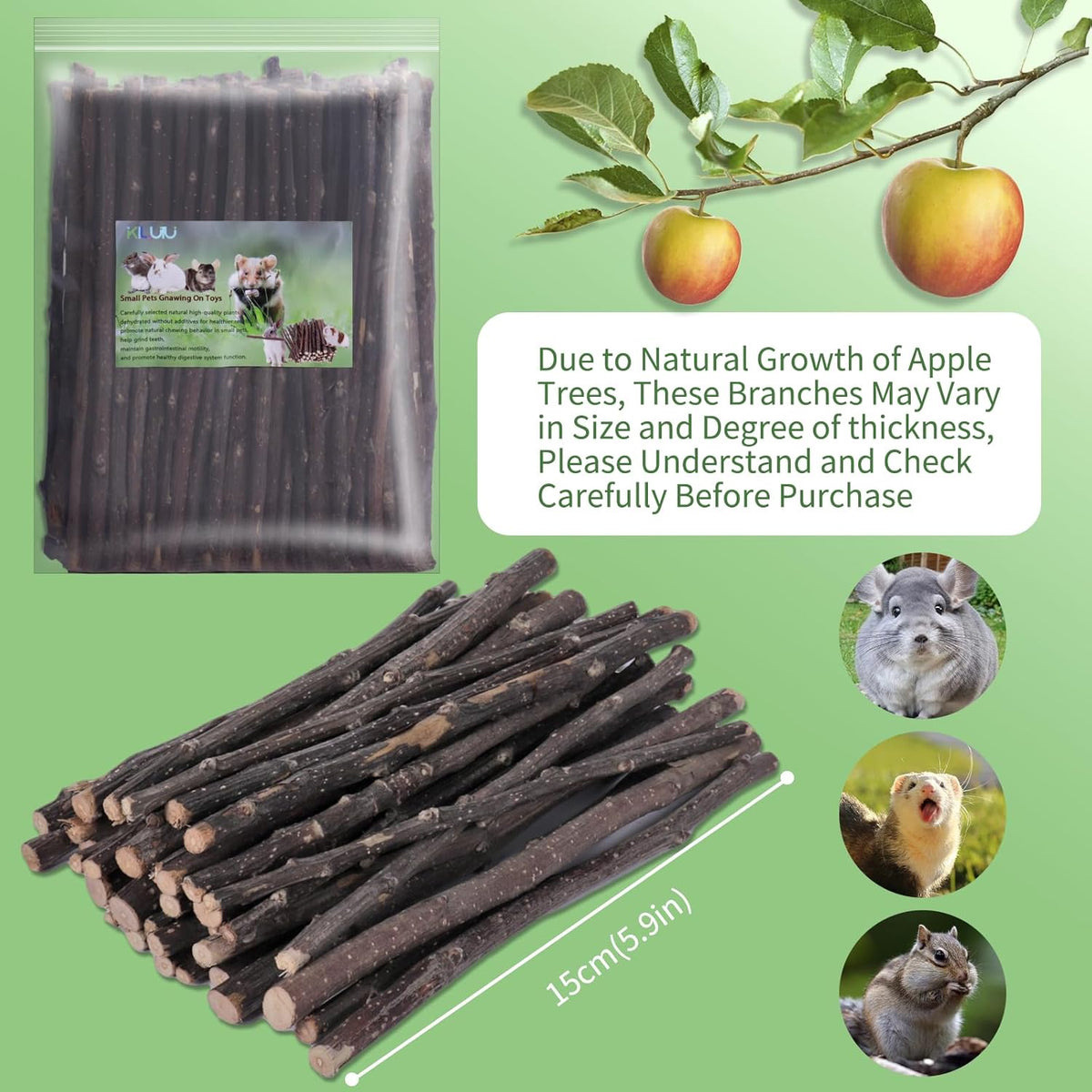 Natural Apple Wood Chew Sticks 300g (10.5oz) for Rabbits, Hamsters, Chinchillas, Guinea Pigs