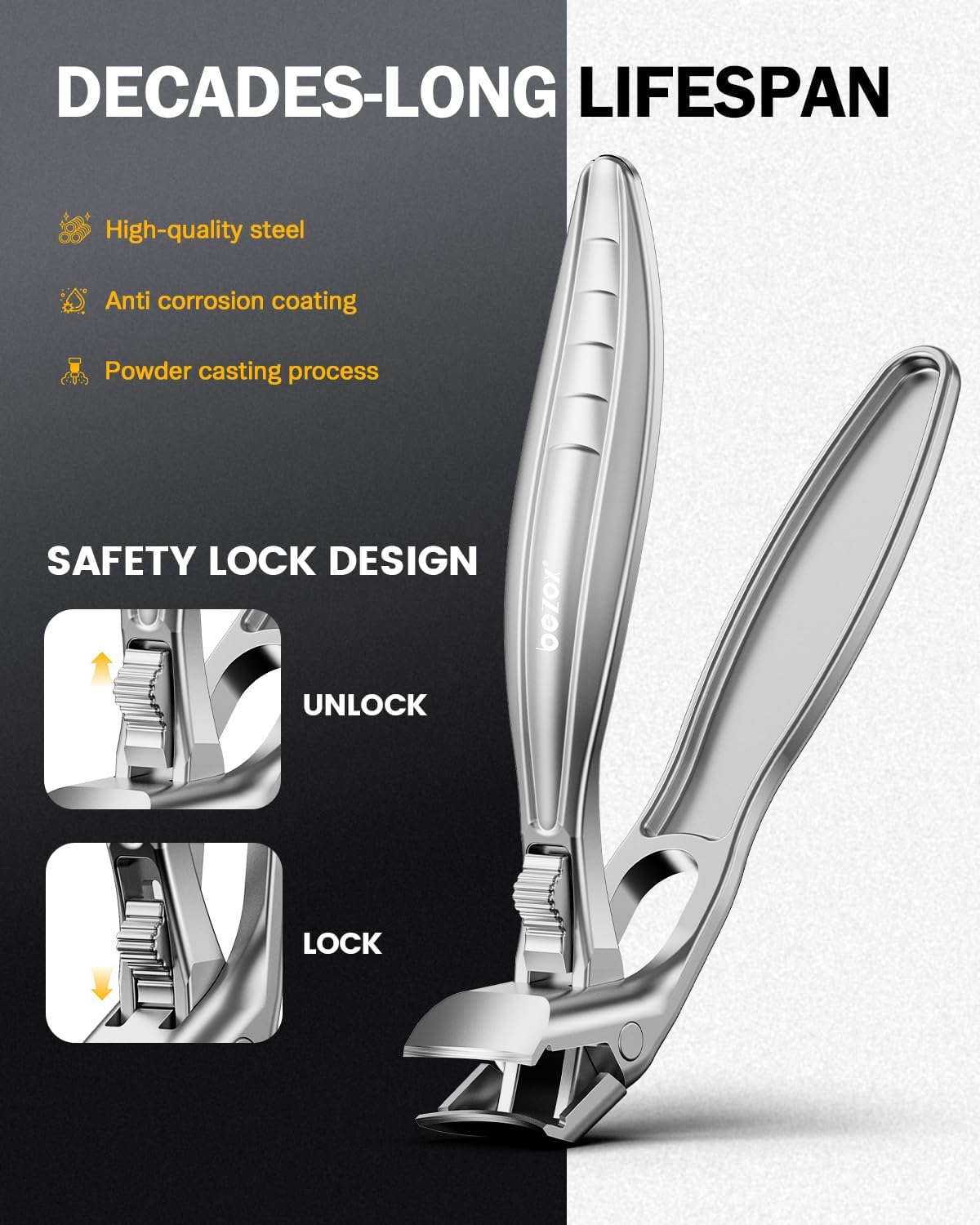 BEZOX Curved Toenail Clippers for Seniors – Safety Lock, Wide Opening, and Anti-Slip Grip Nail