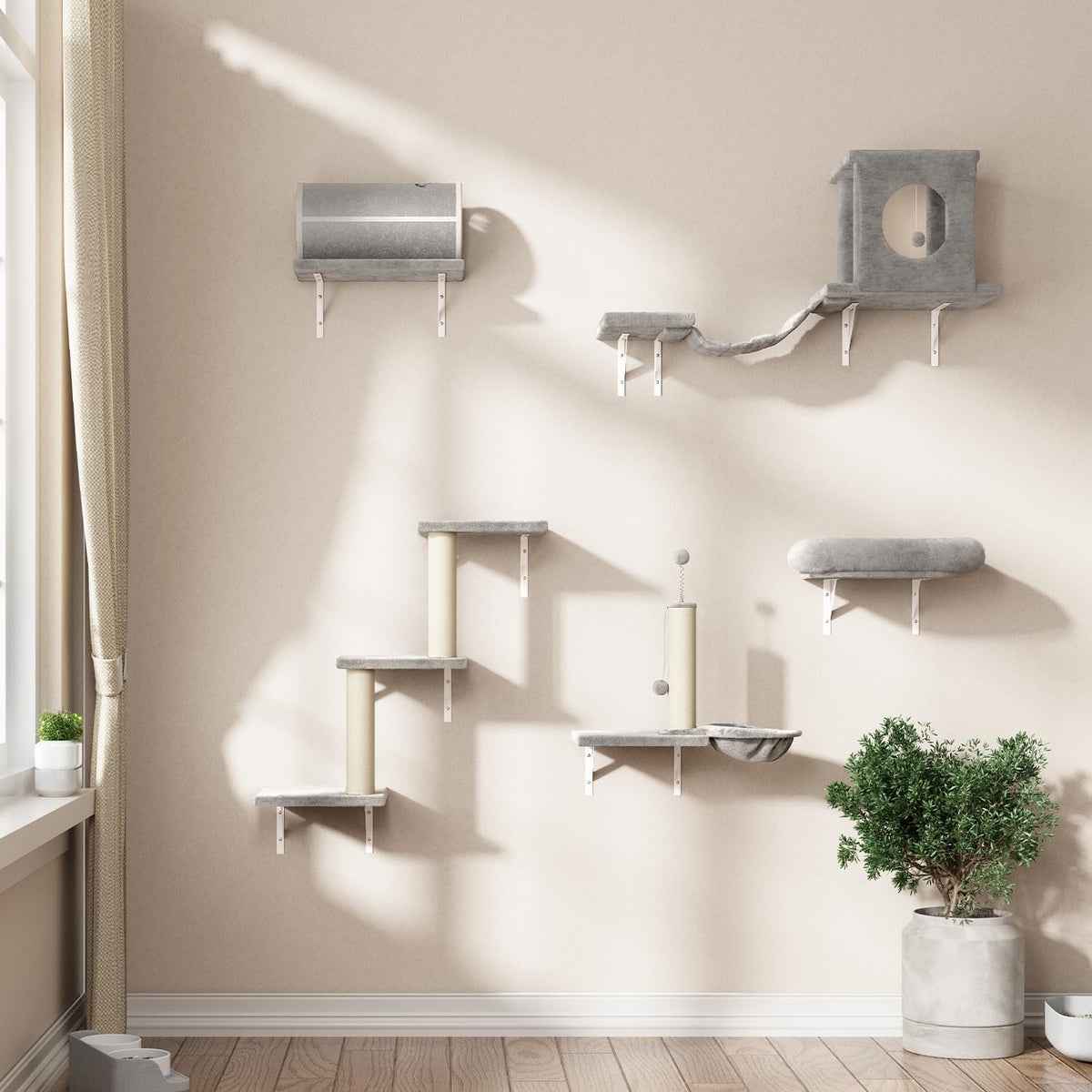 NUNU LAB Cat Wall Shelves Set, 7 Pcs Wall-Mounted Cat Climber with Cat House, Tunnel, Bridge
