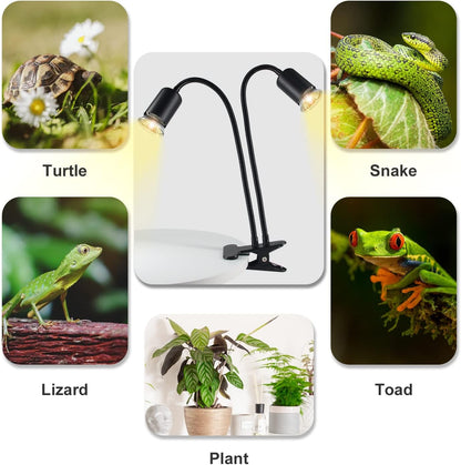 Reptile Heat Lamp, Double-Head Heat Lamp with Clamp, UVA UVB Reptile Light with Intelligent Cycle