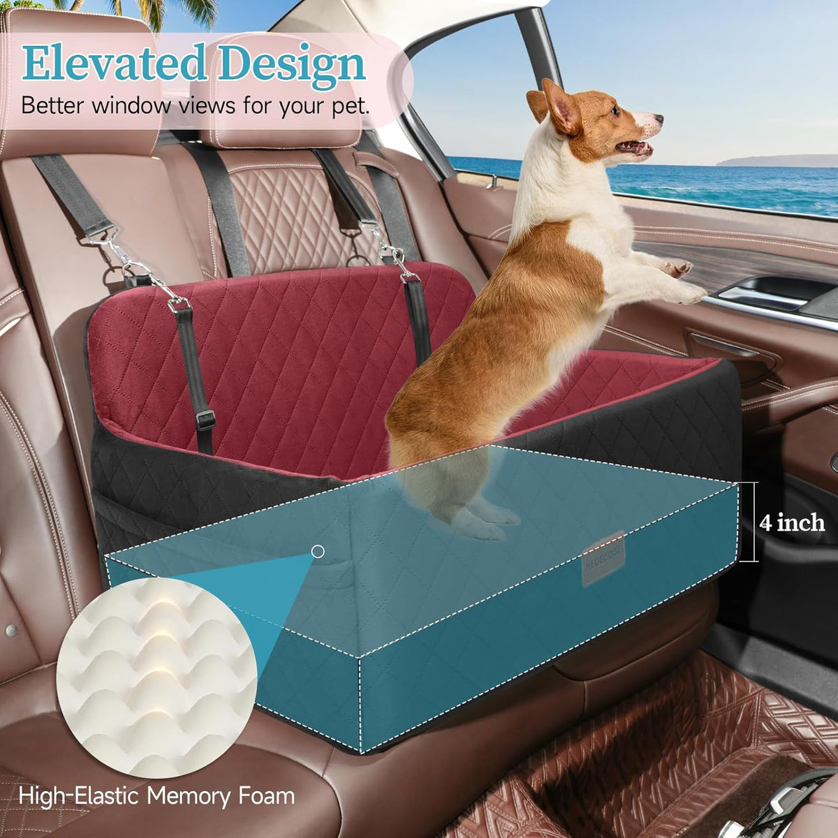 Dog Car Seat for Medium/Large Dogs, Pet Booster Seat for Under 55 lbs or 2 Small Dogs, Detachable &