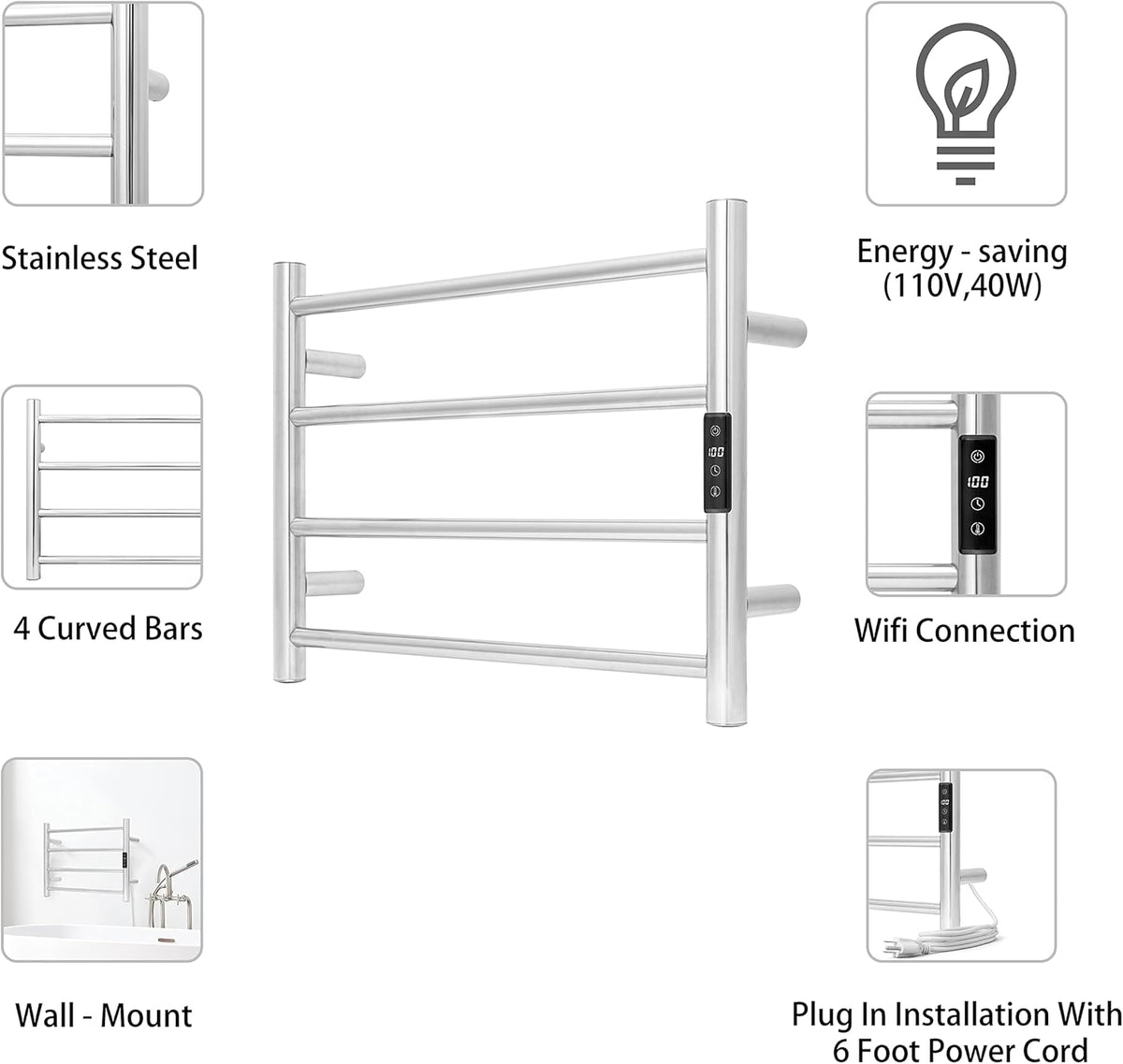 KEG Smart WiFi Towel Warmer Wall Mounted with Built-in Timer and Temperature Adjust Control, 4 Bars