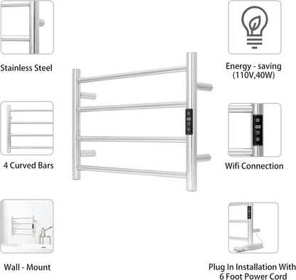 KEG Smart WiFi Towel Warmer Wall Mounted with Built-in Timer and Temperature Adjust Control, 4 Bars