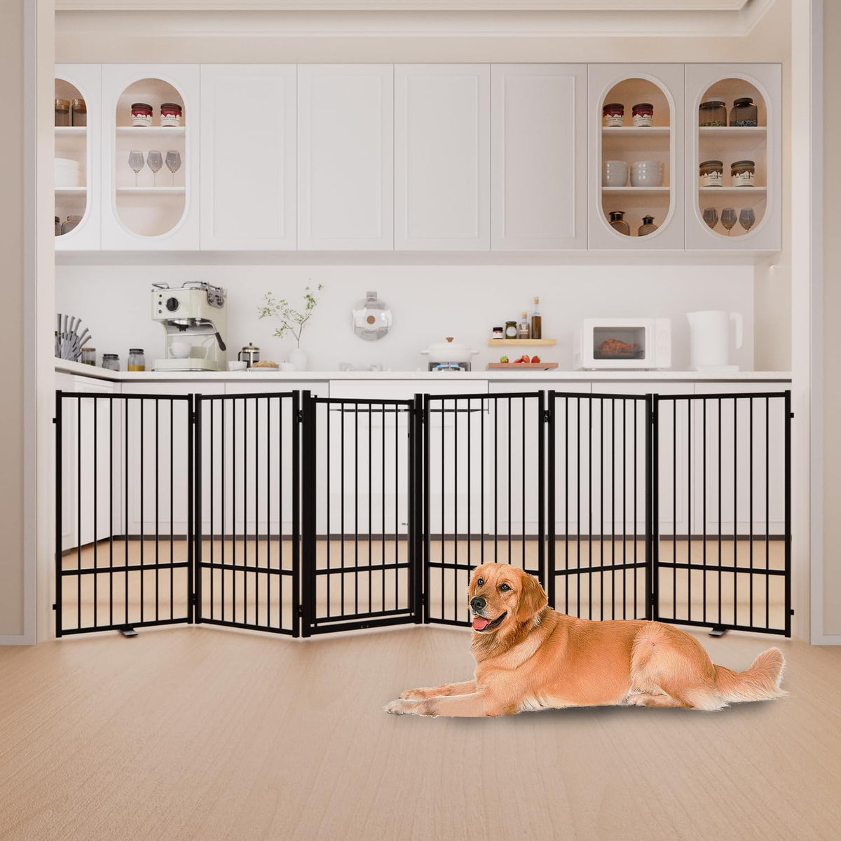 Full Metal Freestanding Dog Gate with Door, 36''Height Foldable Pet Dog Fence for Indoor & Outdoor