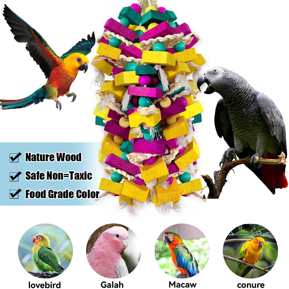 Large Bird Toys, Multi-Color Wooden Block with Bamboo Support Bird Chewing Toy Parrot Cage Bite Toy